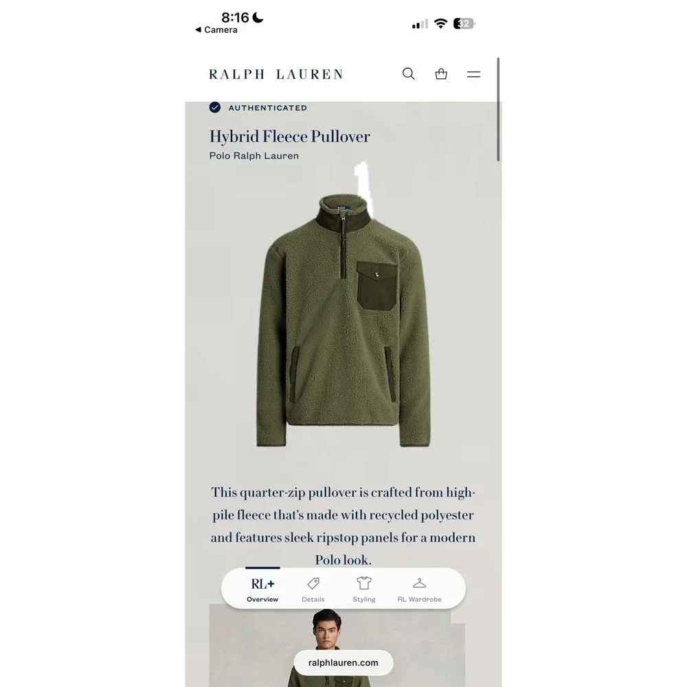 Polo Ralph Lauren Men XL Olive Hybrid High Pile Fleece Quarter Zip Pullover